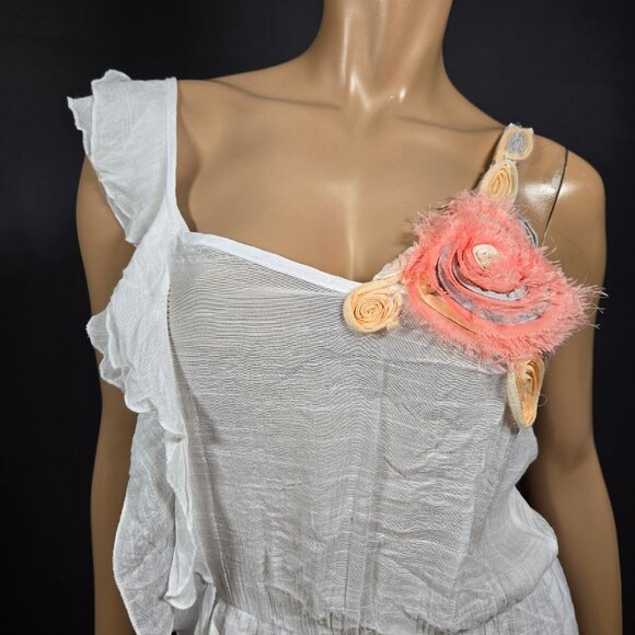 Y2K White Sleeveless Mini Dress Ruffled Pink Rosette Size s Fairy Boho Festival - Picture 3 of 9